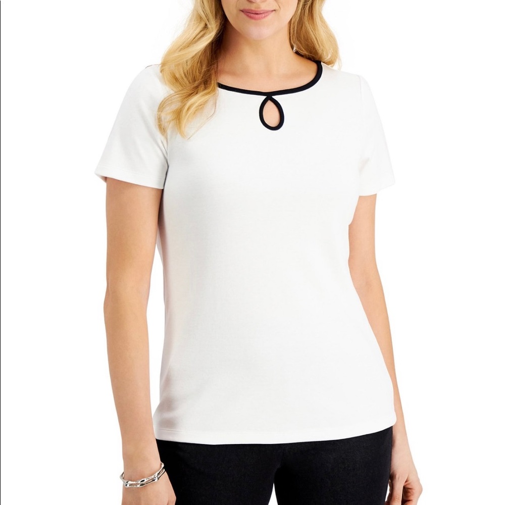 Karen Scott White Black Cotton Keyhole shirt Casual Short Sleeves Blouse Tops